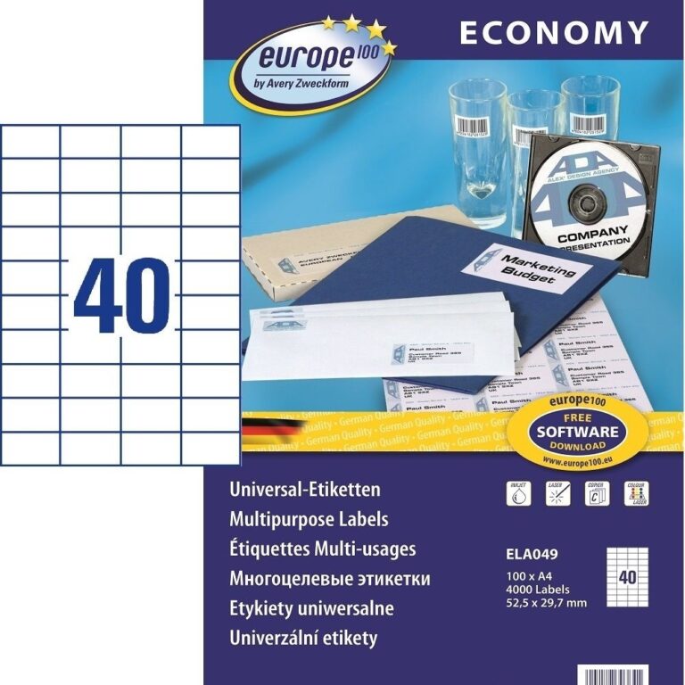 Lipnios etiketės Avery Europe, A4, 52.5×29.7mm, 40 etikečių lape, be rėmelio, 100 lapų, baltos spalvos