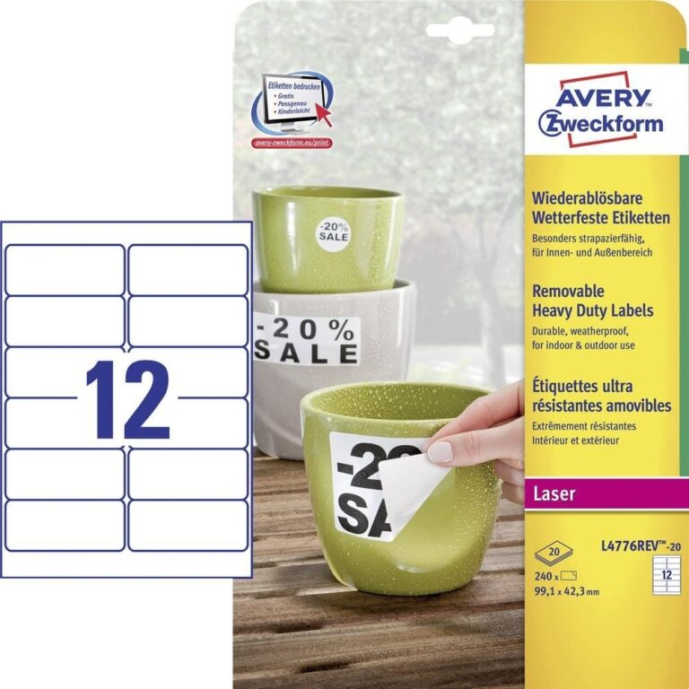 Lipnios etiketės Avery Zweckform, A4, atsparios drėgmei, 99,1×42,3mm, 12 etikečių lape, 20 lapų, baltos spalvos