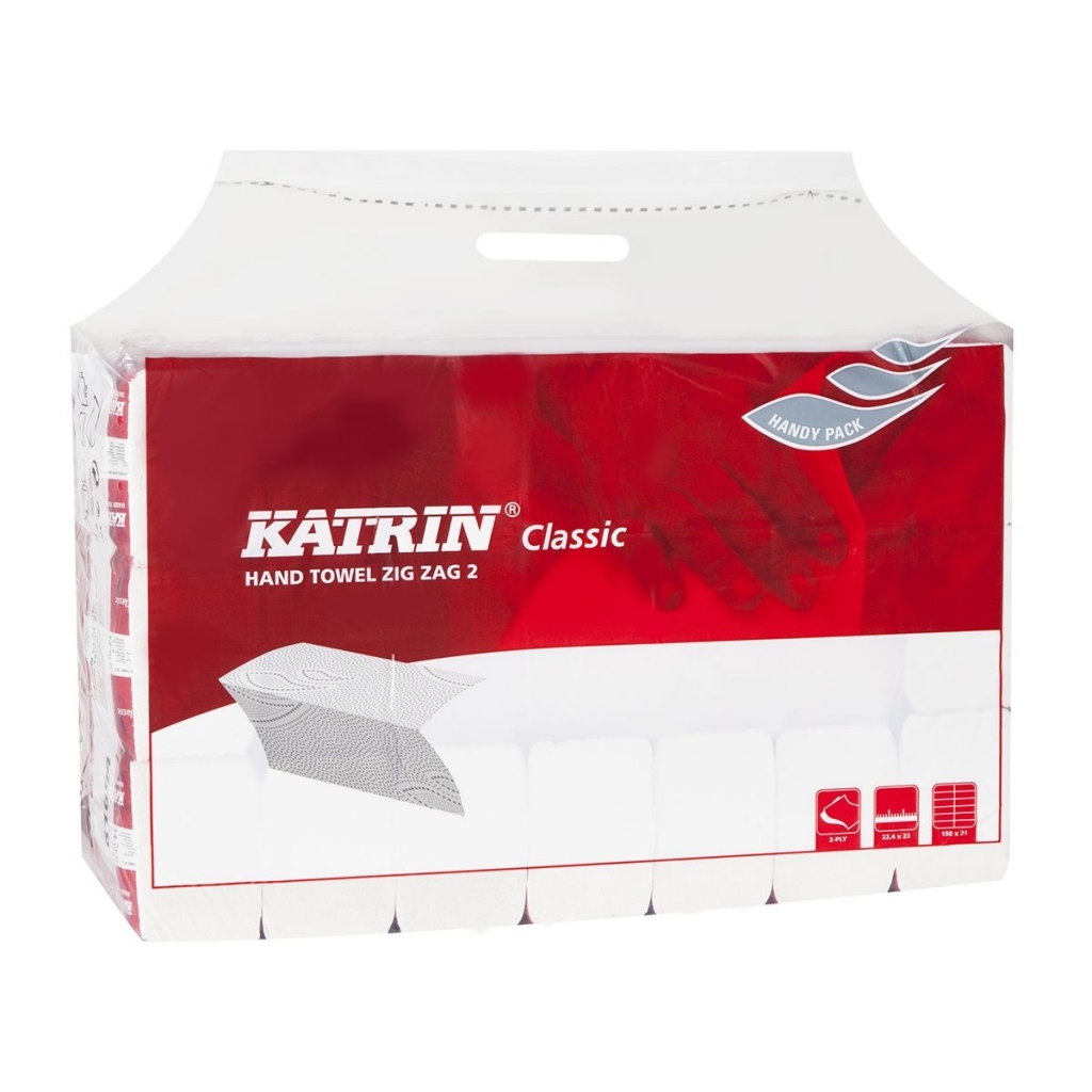 Rankšluosčiai lapiniai Katrin Classic Zig Zag 2 balti 2sluoksnių, 200 lapelių
