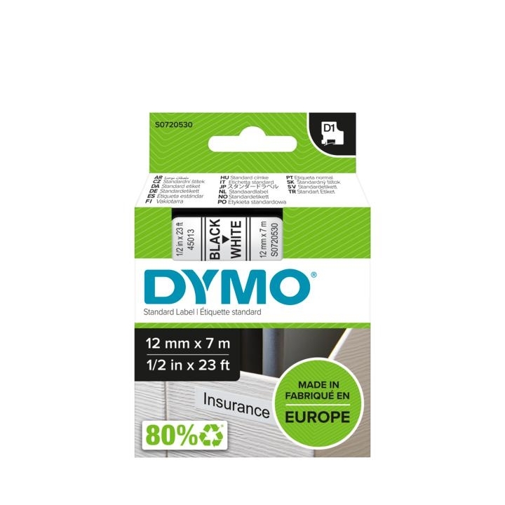 Etikečių juostelė Dymo D1, 12mmx7m, juodas šriftas ant baltos juostelės