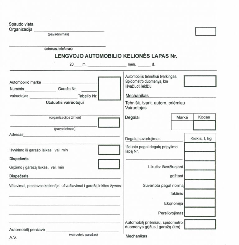 Lengvojo automobilio kelionės lapai, 200 x 210 mm, nenumeruotas,100 lapų