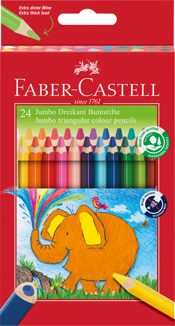 Spalvoti pieštukai Faber-Castell Jumbo, tribriauniai, 24 spalvų