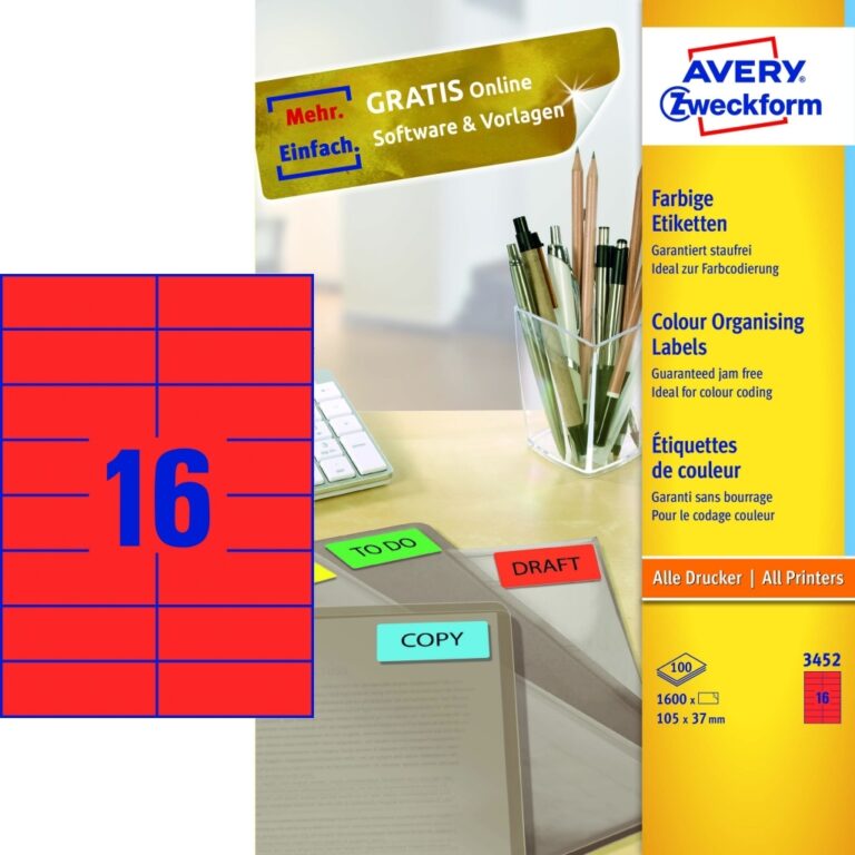 Lipnios etiketės Avery Zweckform. A4. 105x37mm. 16 etikečių lape. raudonos spalvos. 100 lapų