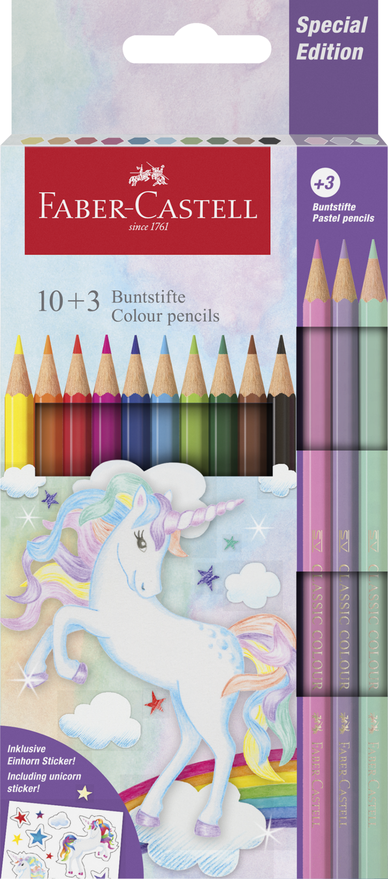 Spalvoti pieštukai Faber-Castell Colour Grip Unicorn 10 +3 pastelinės spalvos