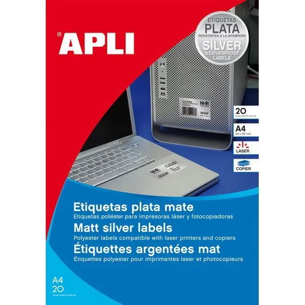 Lipnios etiketės Apli, A4, 210x297mm, 1 etiketė lape, 20 lapų, sidabrinės spalvos