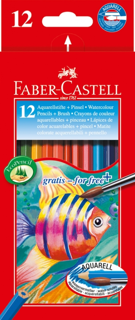 Spalvoti akvareliniai pieštukai su teptuku Faber-Castell Fish, 12 spalvų