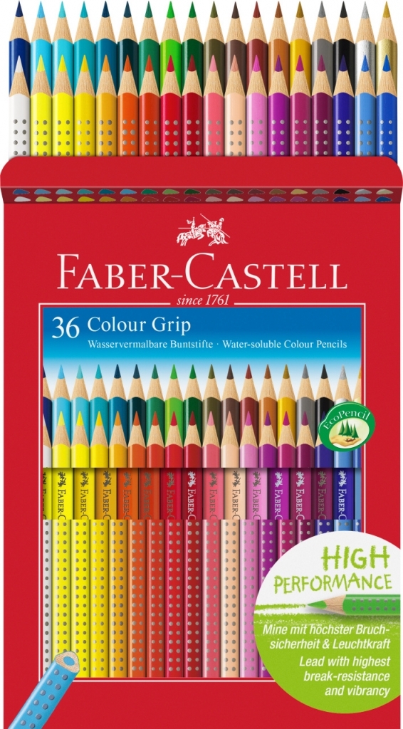 Spalvoti akvareliniai pieštukai Faber-Castell Colour Grip, 36 spalvos, tribriauniai
