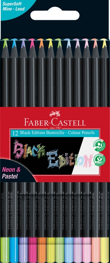 Spalvoti pieštukai Faber-Castell Black Edition, 12 neoninių ir pastelinių spalvų