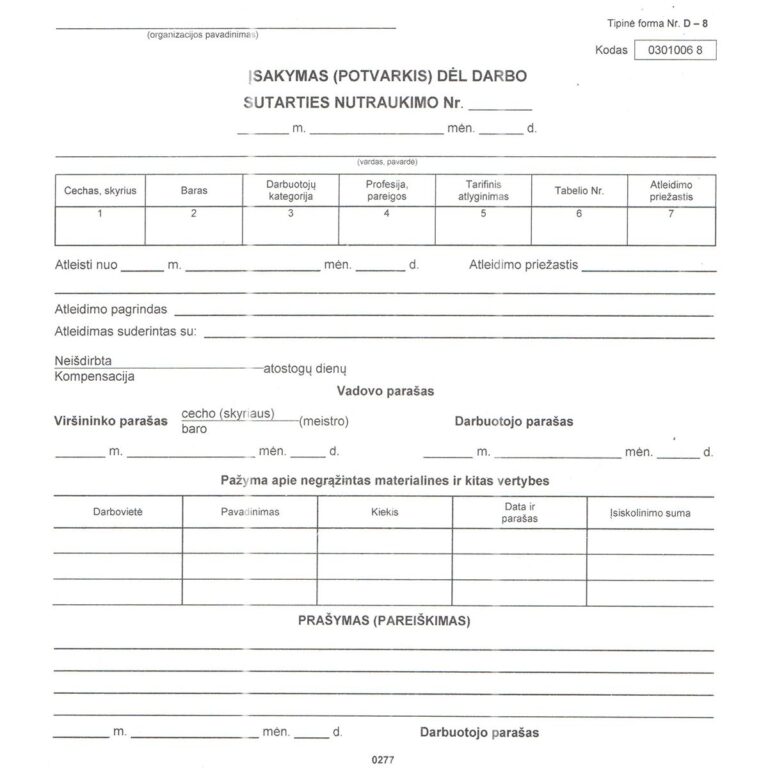 Įsakymas(potvarkis)dėl darbo sutarties nutraukimo D-8