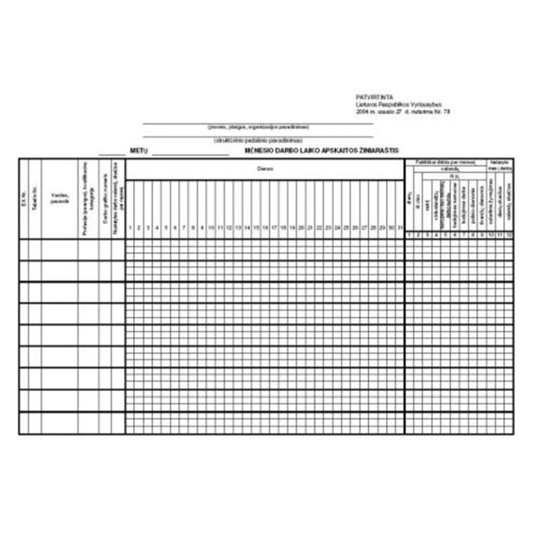 Darbo laiko apskaitos žiniaraštis, A5, 5 asmenims, 1 lapas