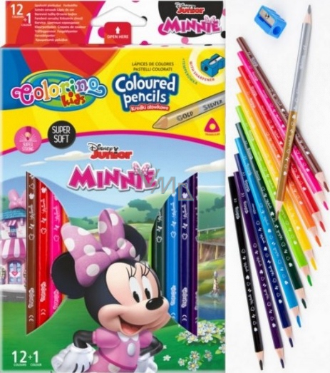 Spalvoti pieštukai Disney Junior Minnie, trikampiai, 12 +1 spalvos, su drožtuku
