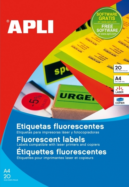 Lipnios etiketės Apli, A4, 64×33.9mm, 24 etiketės lape, 20 lapų, neoninės geltonos spalvos