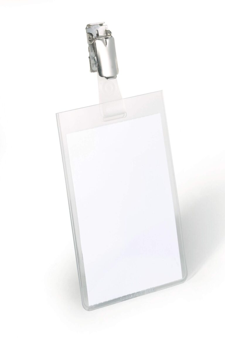 Dėklas vardinei kortelei Durable, 60x90mm, su metaliniu segtuku, vertikalus, skaidrus