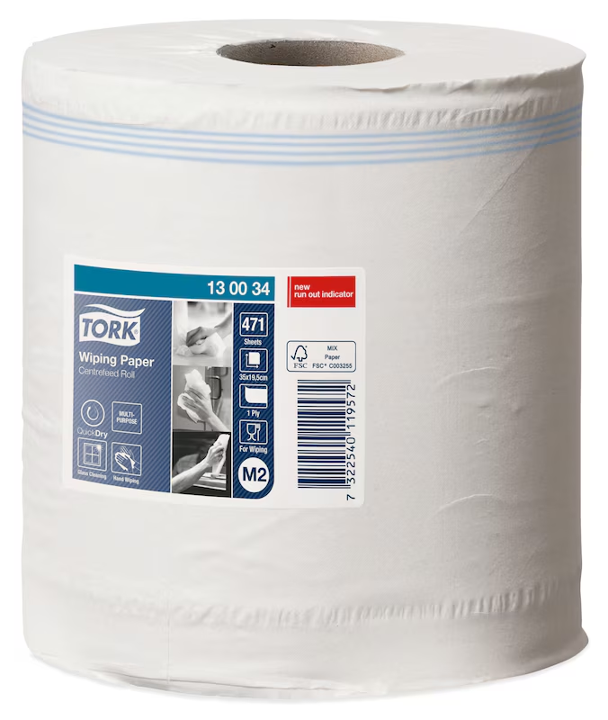 Popieriniai rankšluosčiai Tork Wiping Centerfeed M2 (130034), 1 sluoksnis, baltos spalvos, 165 m