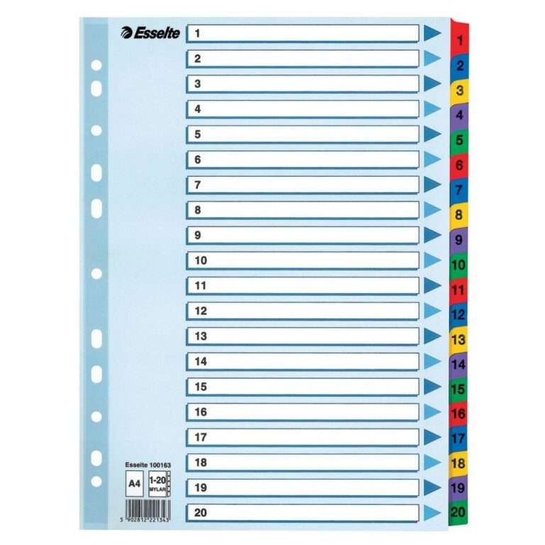 Skiriamieji lapai Esselte MYLAR, A4, kartoniniai 1-20 skaičiai PP, įvairių spalvų