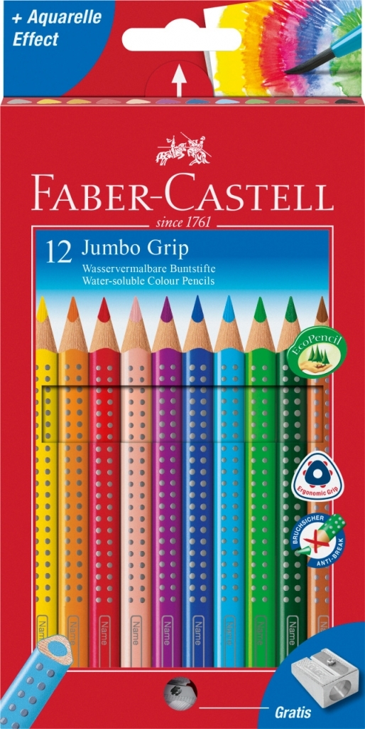 Spalvoti akvareliniai pieštukai Faber-Castell Grip Jumbo, tribriauniai, 12 spalvų,