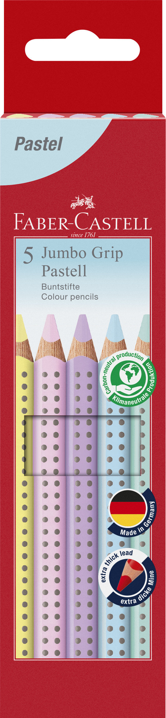 Spalvoti pieštukai „Faber-Castell Jumbo Grip” pasteliniai 5 spalvų