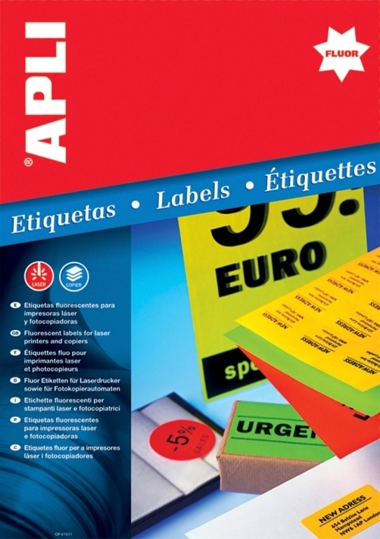 Lipnios etiketės Apli, A4, 91,1×67,7mm , 8 etiketės lape, 20 lapų, neoninės oranžinės spalvos