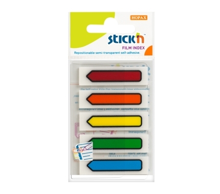 Plastikiniai žymekliai Stick´N 21464, 45x12mm, strėlytės formos, 5 ryškios spalvos po 20vnt., blisteryje