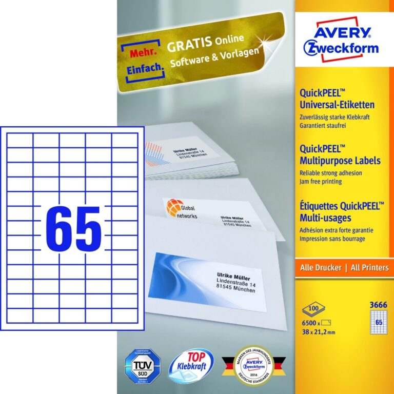 Lipnios etiketės Avery Zweckform, A4, 38×21.2mm, 65 etiketes lape, 100 lapų, baltos spalvos