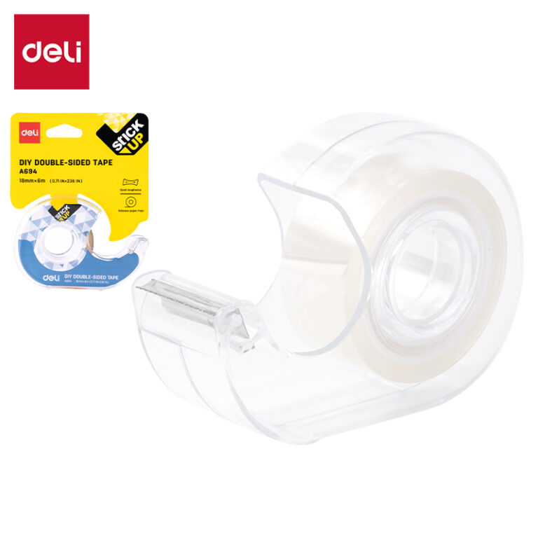 Lipni juosta DELI, 8mm x 6m, dvipusė, su laikikliu