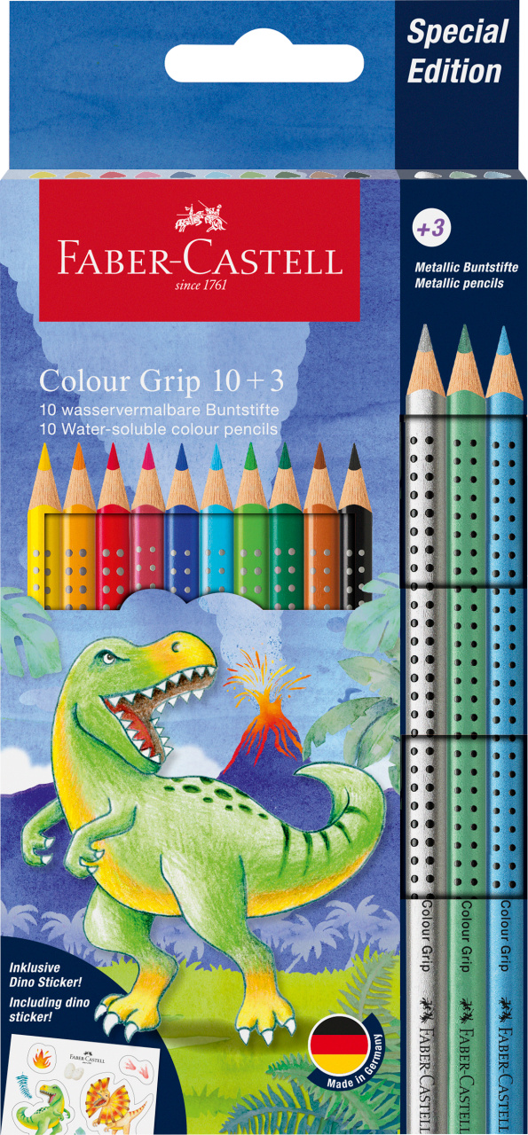 Akvareliniai pieštukai Faber-Castell Colour Grip Dinosaurus, 10 +3 metalizuotos spalvos