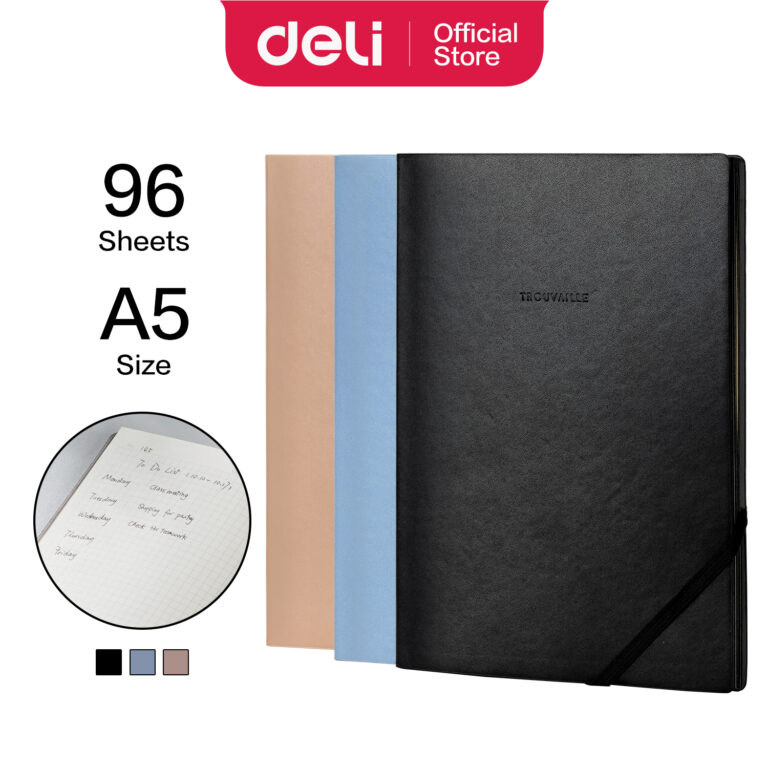 Užrašų knygutė DELI , A5, 96lapų, langeliais, pu-viršelis, įvairių spalvų