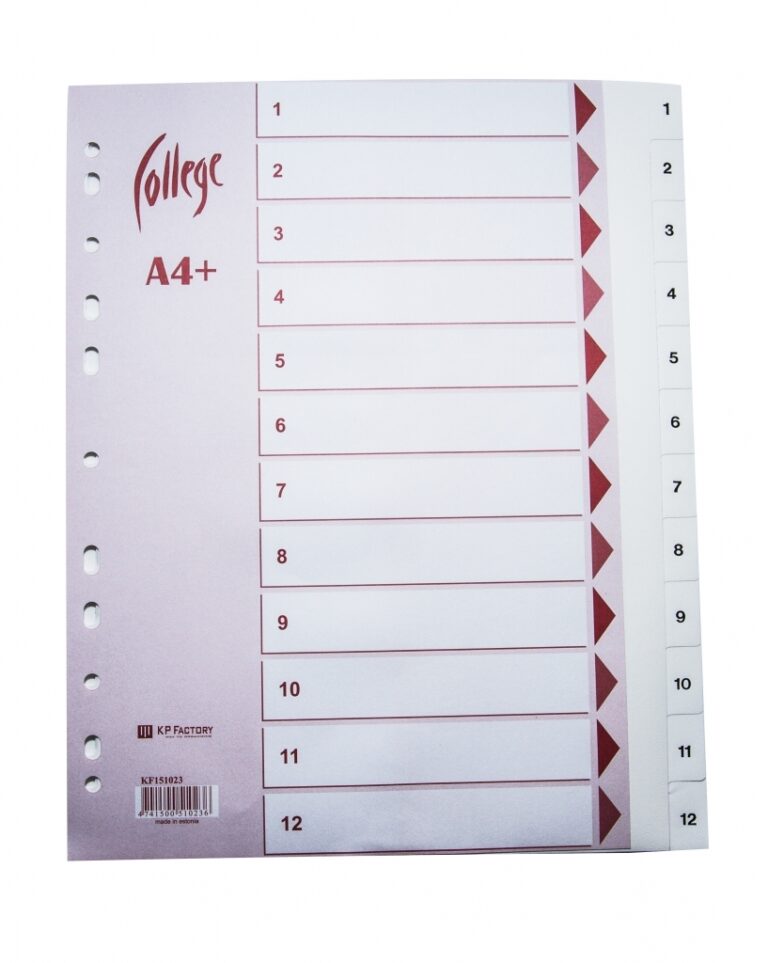 Skiriamieji lapai College, A4+, 1-12, plastikiniai, baltos spalvos