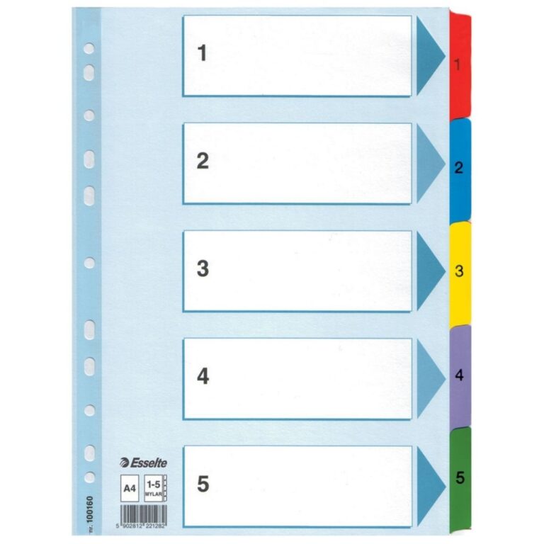 Skiriamieji lapai Esselte MYLAR, A4, kartoniniai 1-5 skaičiai PP, įvairių spalvų