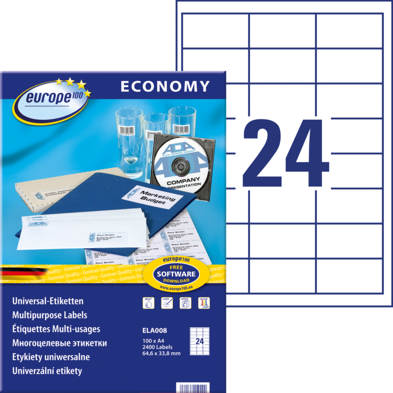 Lipnios etiketės Avery Europe, A4, 64.6×33.8mm, 24 etiketės lape, 100 lapų, baltos spalvos