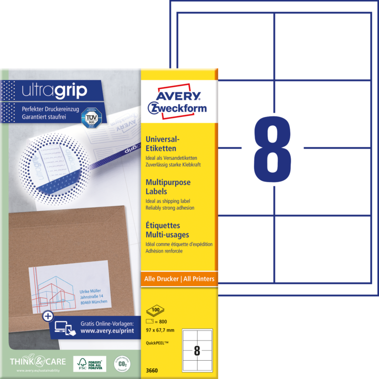 Lipnios etiketės Avery Zweckform, A4, 97×67,7mm, 8 etiketės lape, su rėmeliu, 100 lapų, baltos spalvos
