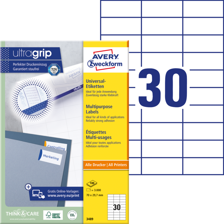 Lipnios etiketės Avery Zweckform, A4, 70×29,7mm, 30 etikečių lape, be rėmelio, 100 lapų, baltos spalvos
