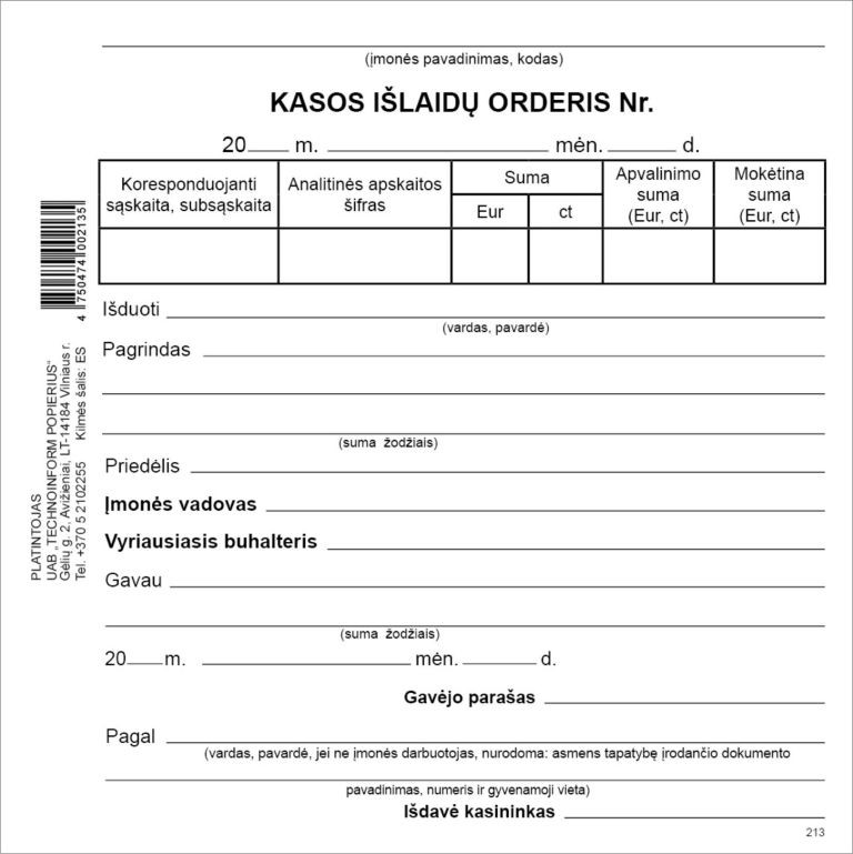 Kasos išlaidų orderis, A6, 100 lapų