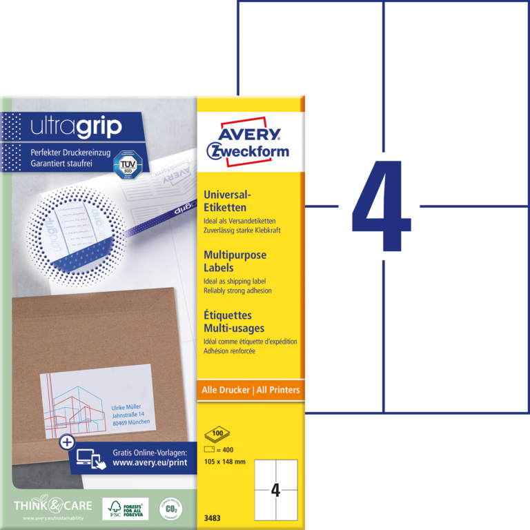 Lipnios etiketės Avery Zweckform, 105x148mm, 4 etiketės lape, 100 lapų, baltos spalvos