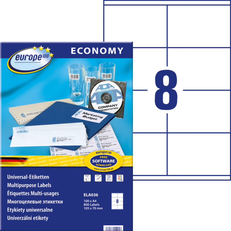 Lipnios etiketės Avery Europe, A4, 105x70mm, 8 etiketės lape,100 lapų, baltos spalvos