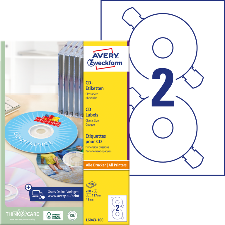 Lipnios etiketės Avery Zweckform CD, A4, 117mm, 2 etiketės lape, 100 lapų, baltos spalvos