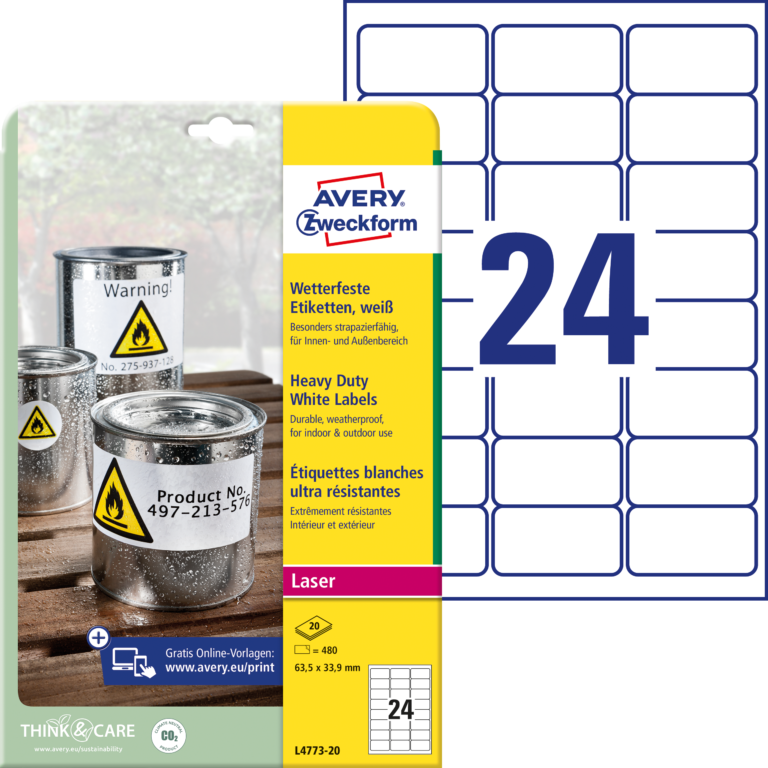 Lipnios etiketės Avery Zweckform, A4, atsparios drėgmei, 63.5×33.9mm, 24 etiketės lape, 20 lapų, baltos spalvos