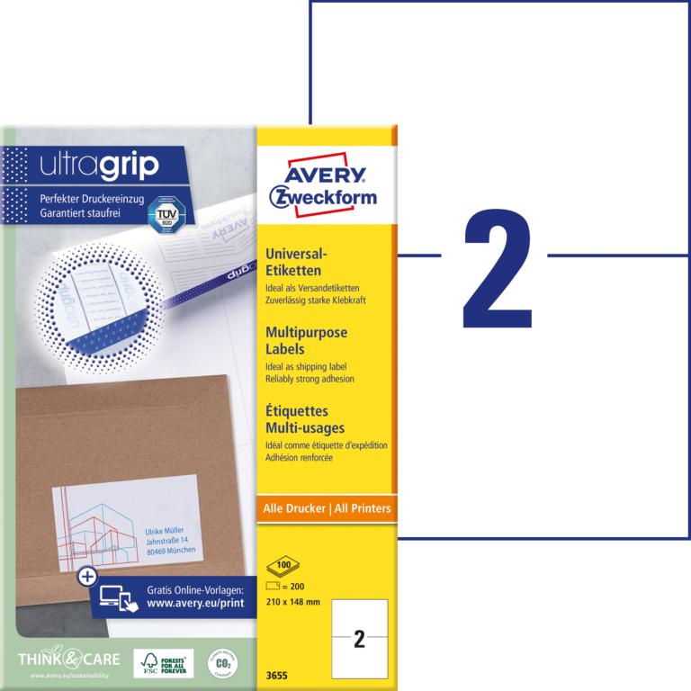 Lipnios etiketės Avery Zweckform, A4, 210×148, 2 etiketės lape, 100 lapų, baltos spalvos