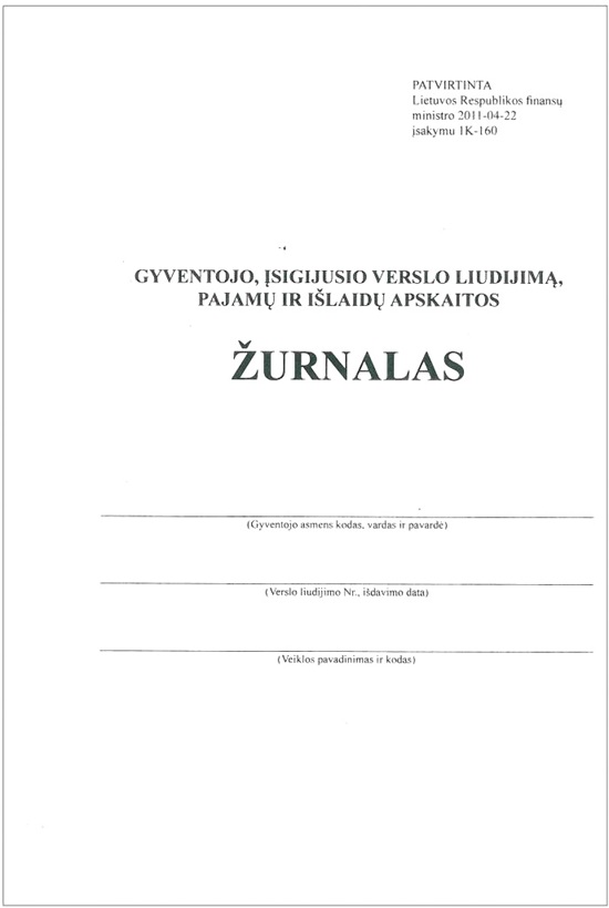 Gyventojo, įsigijusio verslo liudijimą, pajamų ir išlaidų apskaitos žurnalas, A5, vertikalus, 36 lapai