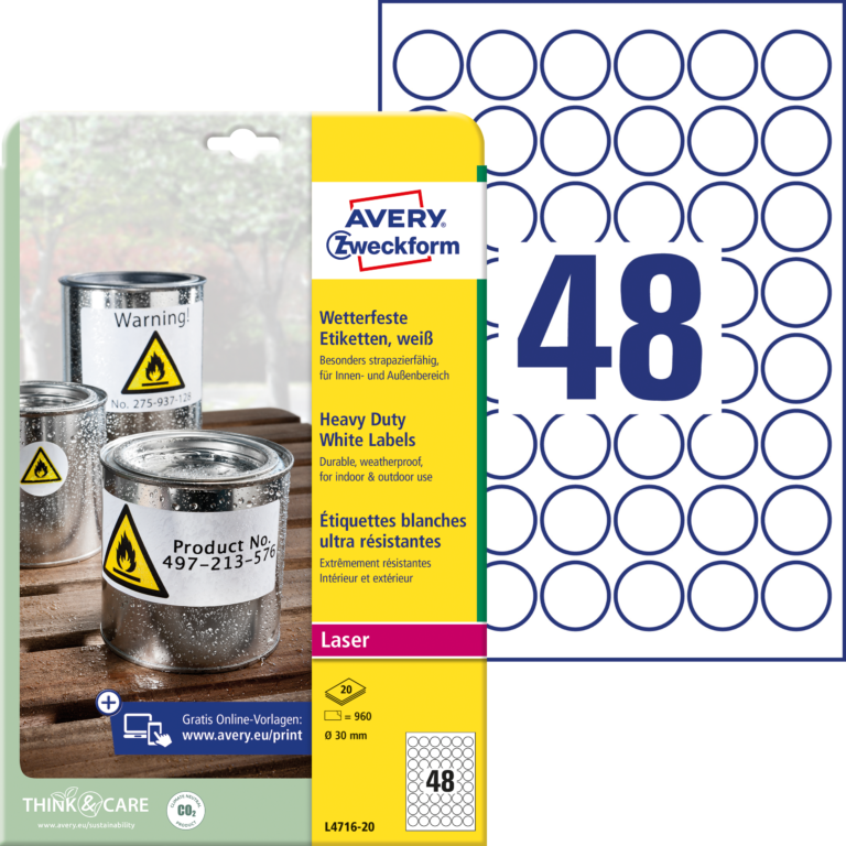 Apvalios lipnios etiketės Avery Zweckform, A4, atsparios drėgmei, 30mm, 48 etiketės lape, 20 lapų, baltos spalvos