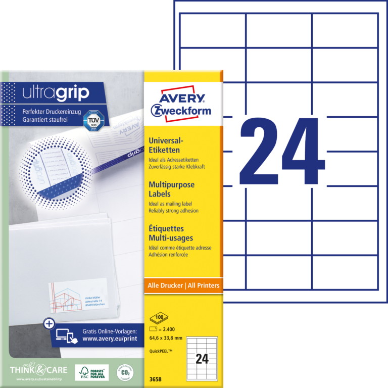 Lipnios etiketės Avery Zweckform, A4, 64.6×33.8, 24 etiketės lape, 100 lapų, baltos spalvos