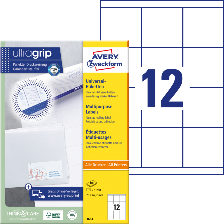 Lipnios etiketės Avery Zwerckform, A4, 70×67,7mm, 12 etikečių lape, 100 lapų, baltos spalvos