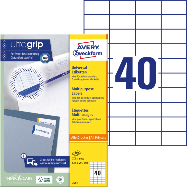 Lipnios etiketės Avery Zweckform, A4, 52.5×29.7mm, 40 etikečių lape, be rėmelio, 100 lapų, baltos spalvos