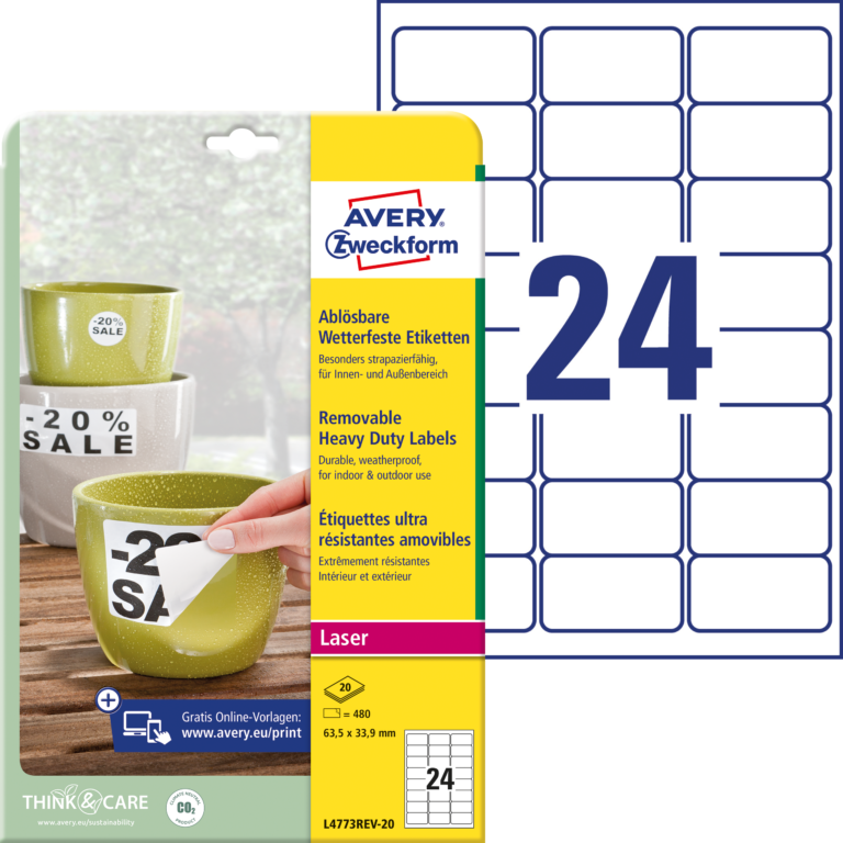 Lipnios etiketės Avery Zweckform, A4, atsparios drėgmei, 63.5×33.9mm, 24 etiketės lape, 20 lapų, matinės, baltos spalvos