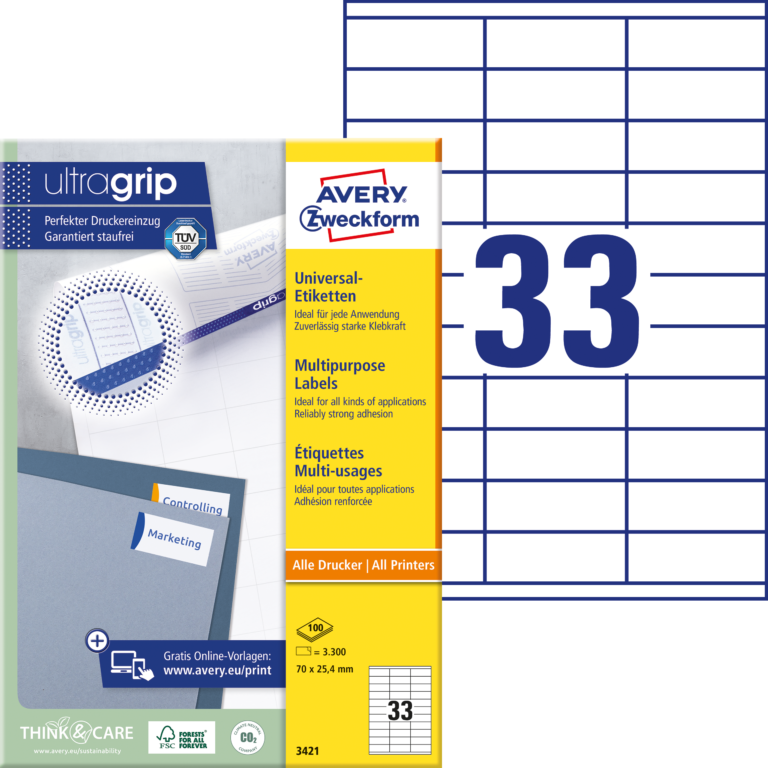 Lipnios etiketės Avery Zweckform. A4. 70×25.4mm. 33 etiketės lape. 100 lapų. baltos spalvos