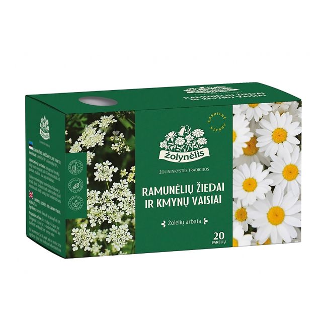 Žolelių arbata Žolynėlis, Ramunėlių žiedai ir kmynų vaisiai, 24g (1,2×20)