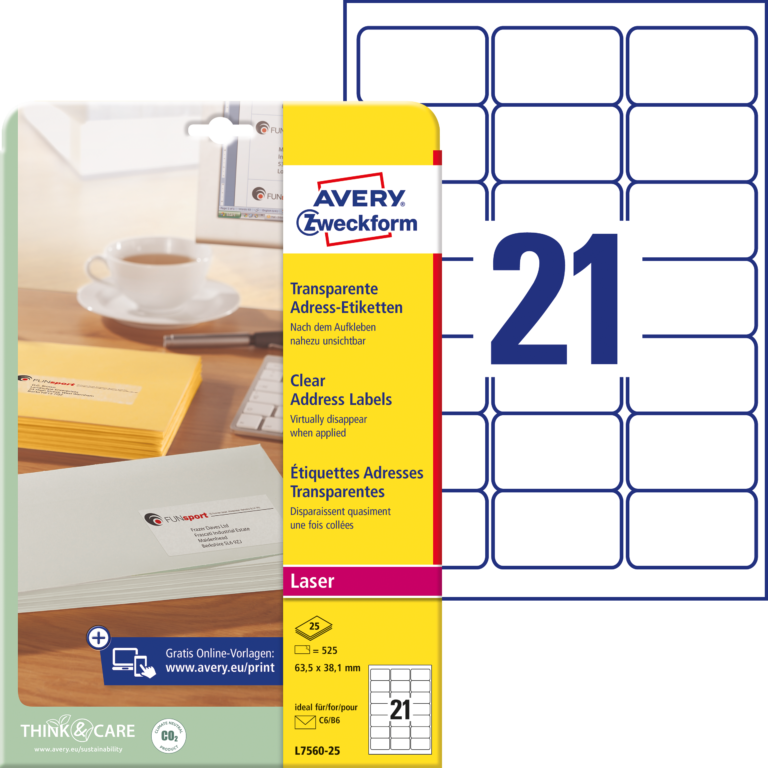 Skaidrios lipnios etiketės Avery Zweckform, A4, 63,5×38,1mm, 21 etiketės lape, 25 lapai