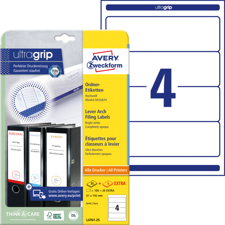 Lipnios etiketės segtuvams Avery Zweckform, A4, 192x61mm, pakuotėje 25 lapai, baltos spalvos
