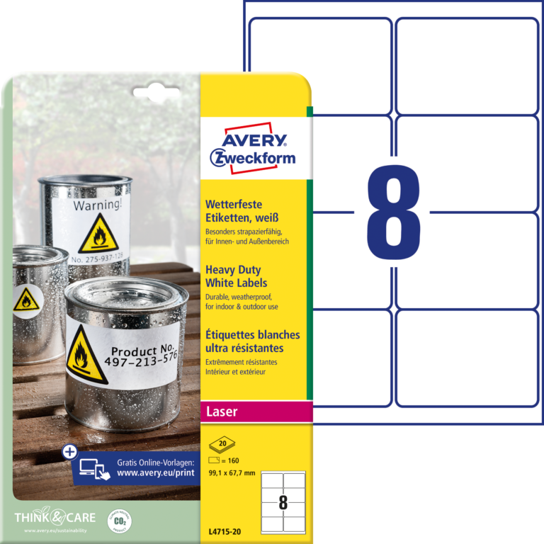 Lipnios etiketės Avery Zweckform, A4, atsparios drėgmei, 99.1×67.7mm, 8 etiketės lape, 20 lapų, baltos spalvos