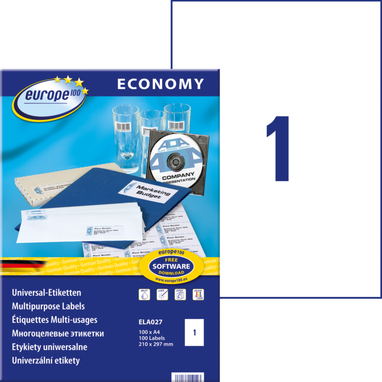 Lipnios etiketės Avery Europe, A4, 210x297mm, 1 etiketė lape, 100 lapų, baltos spalvos